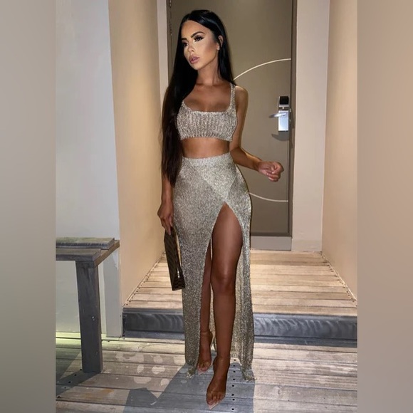 Lizzie Gold Metallic Shimmer Two Piece Crop Top & Skirt XS New - Picture 2 of 9